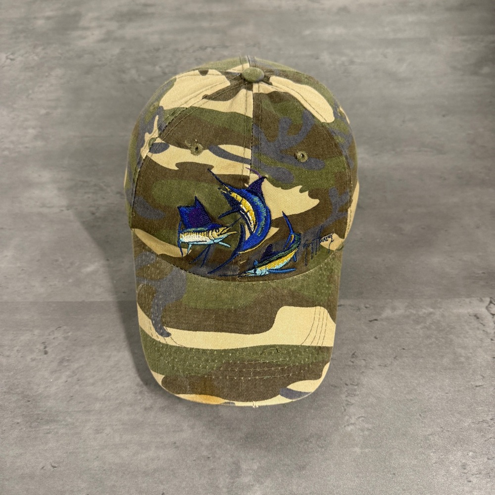 Vintage Guy Harvey Baseball Hat Mens Camo Embroidered Marlin Fish Fishing Cap